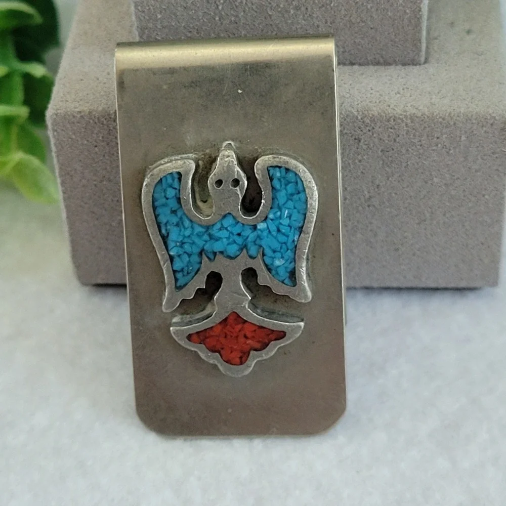 Nickel Silver Thunderbird Money Clip Turquoise Coral Chip Inlay Southwestern